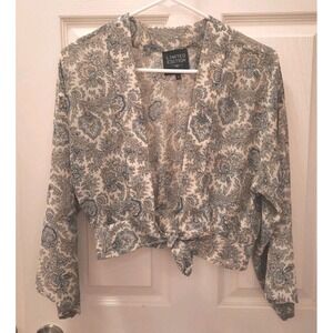 Womens Boho Paisley Cropped Tie Front Blouse Long Sleeve Lightweight Top